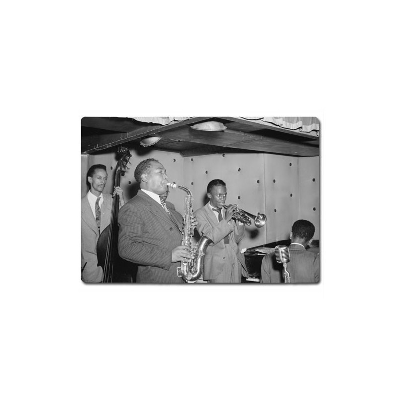 Planche à découper en verre : Portrait de Charlie Parker, Tommy Potter, Miles Davis, Duke Jordan, et Max Roach