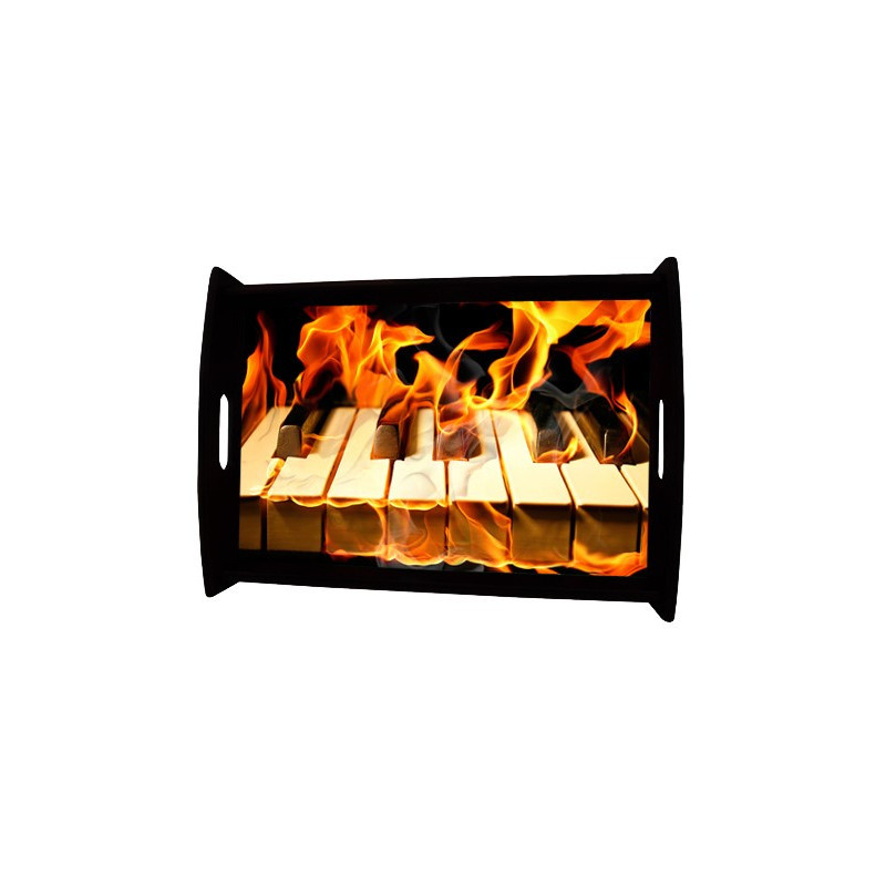 Plateau repas en bois : Clavier de piano en feu