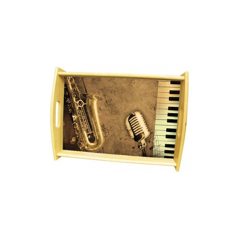 Plateau repas en bois : Saxophone, micro, piano