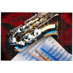 Puzzle Saxophone sur un drap rouge
